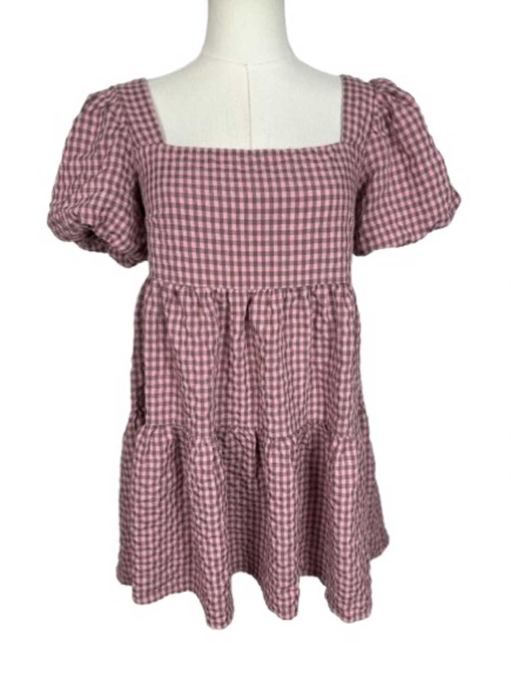 Princess Polly Pink Gingham Tiered Puff Sleeve Dress Size 2